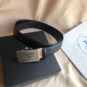 Prada Black Leather Belt with Gold Buckle